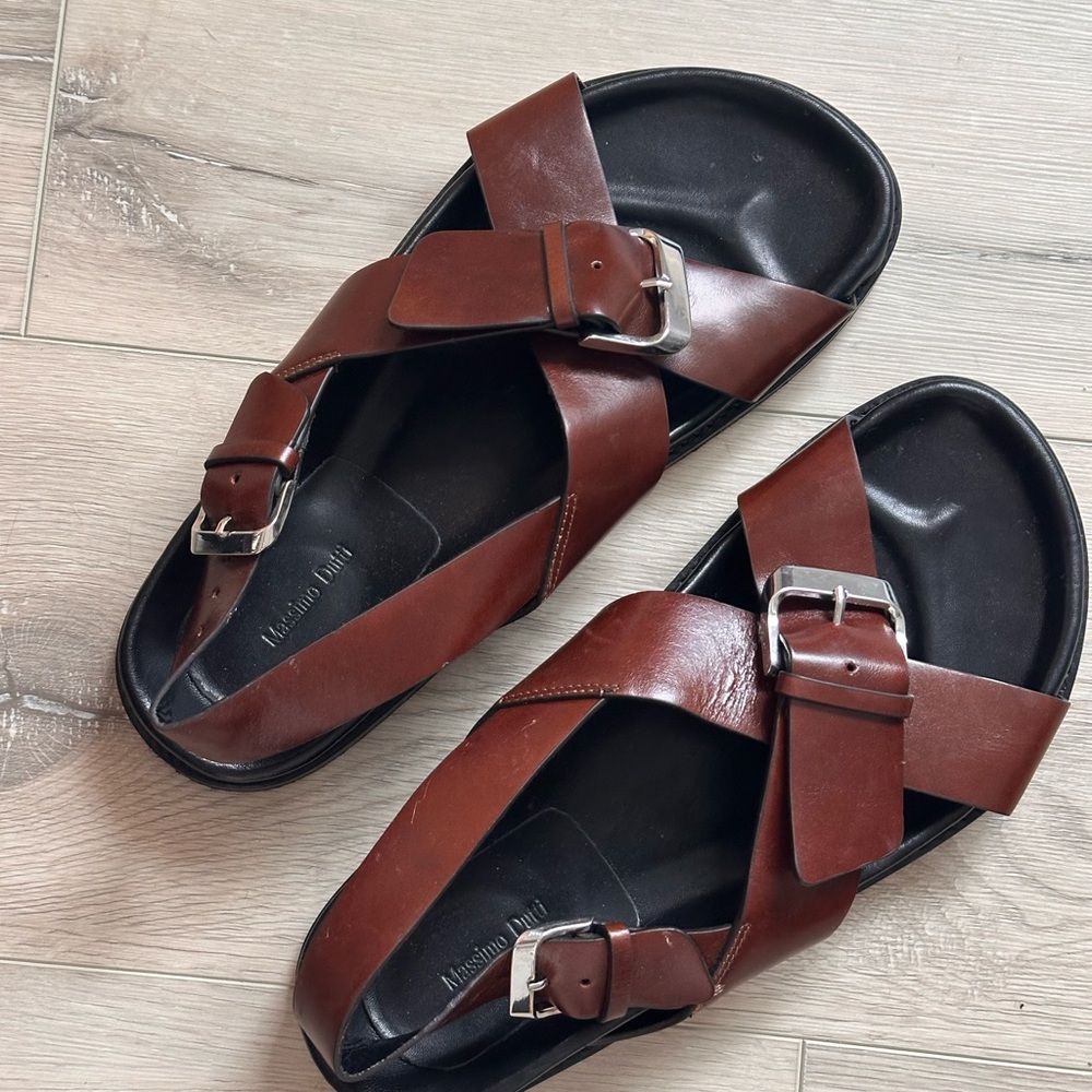 Massimo Dutti Brown Leather Cross-Strap Buckle Sandals